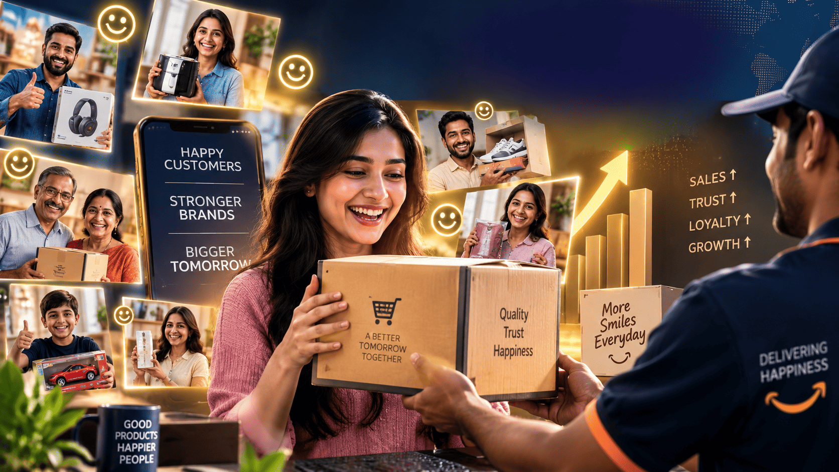 Happy customers receiving e-commerce products with a growing brand and sales success